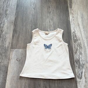 Sweet Stories Cream Ribbed Tank Top with Blue Butterfly Accent